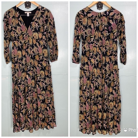 Banjanan Floral Neon Black Long Sleeve Maxi Tropical V‎ Neck Dress Sz XS - Picture 1 of 6